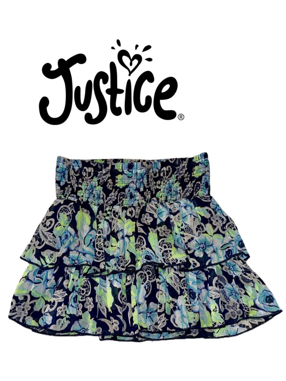 JUSTICE Floral Tiered Skirt Built-in Shorts Blue Green Sheer Fairycore Girl 12